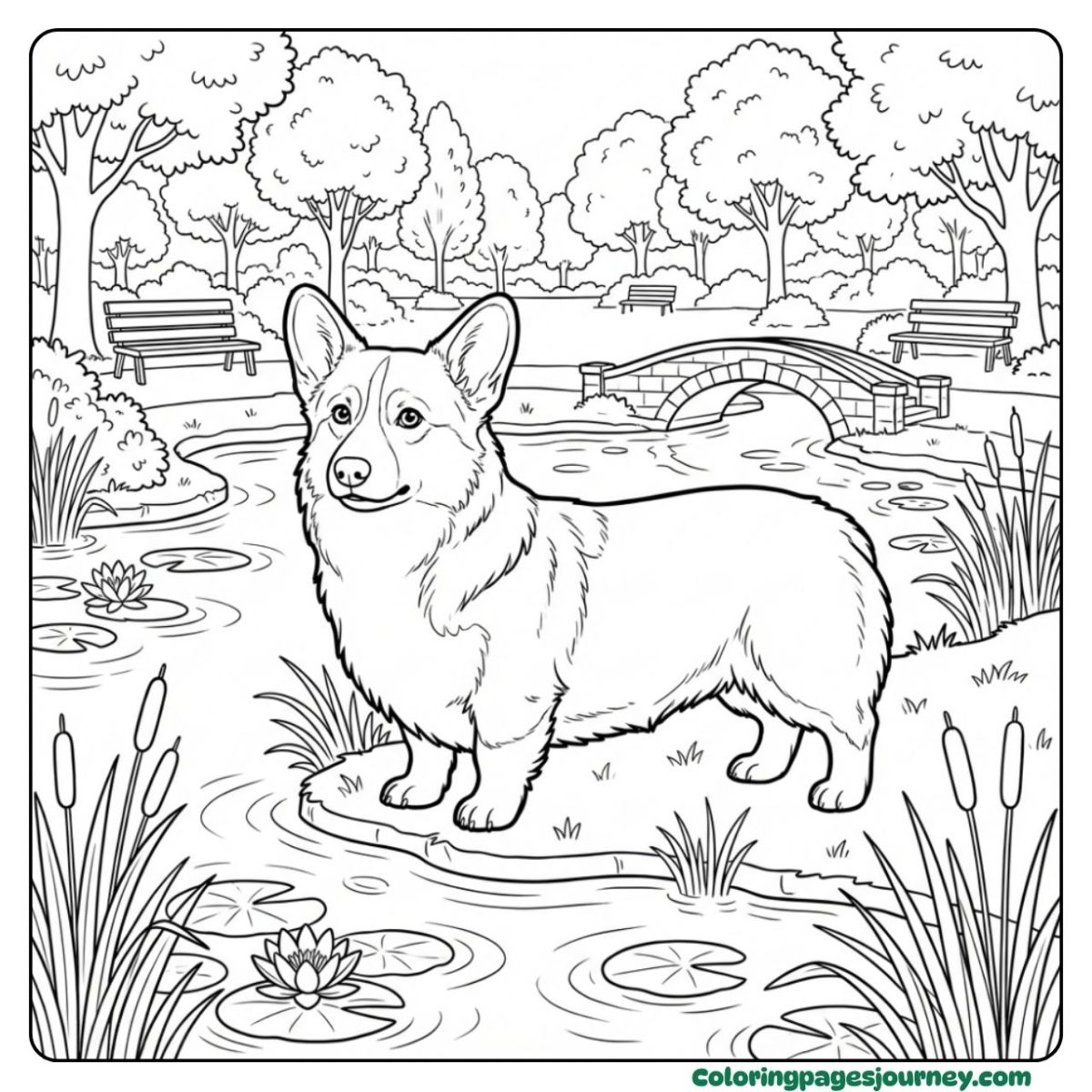 A smiling dog Realistic Corgi Outdoor Park Scenes Coloring Page