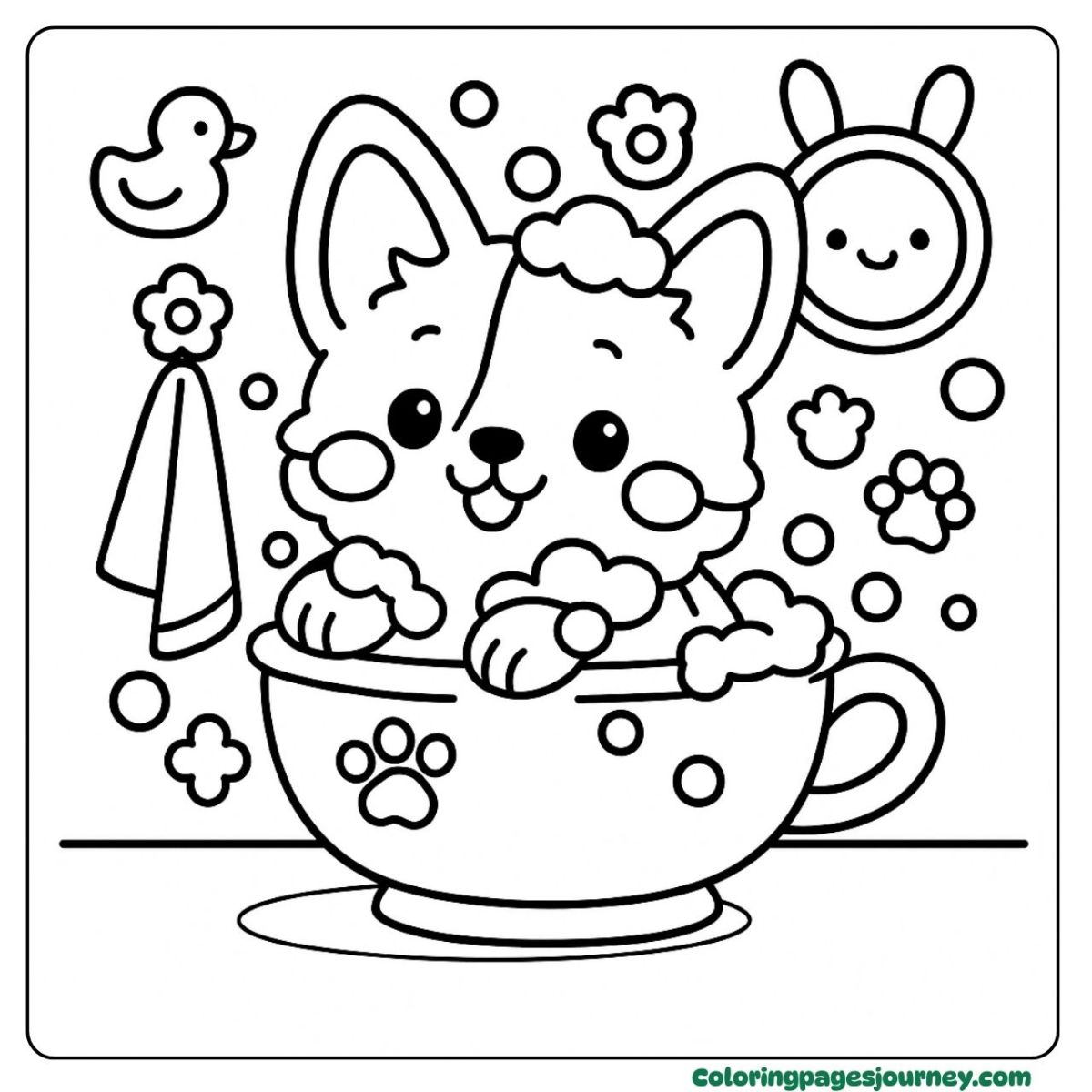 A baby Corgi coloring page in a cute and bubbly bath time A baby Corgi coloring page enjoying a fun bath