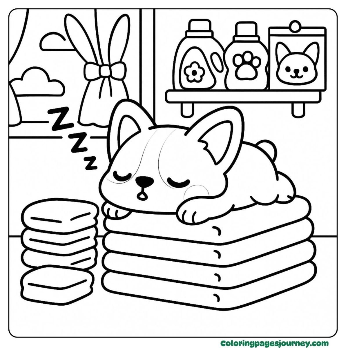 A baby Corgi coloring page sleeping on warm folded laundry A baby Corgi coloring page taking a nap on soft laundry