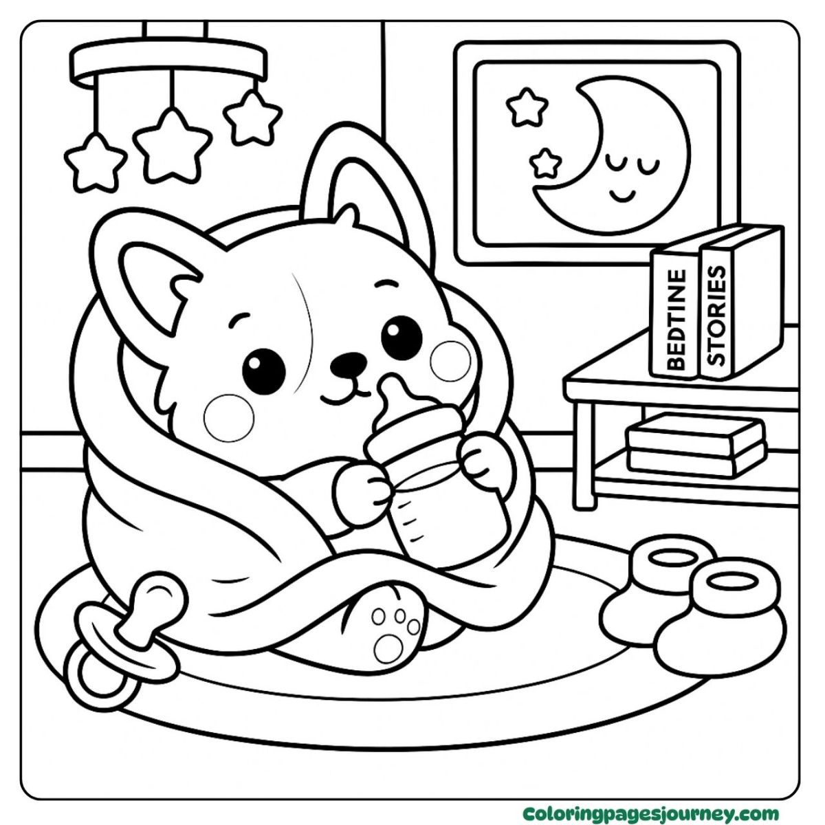 A baby Corgi coloring page with cozy bedtime bottle moments A baby Corgi coloring page at bedtime with a bottle
