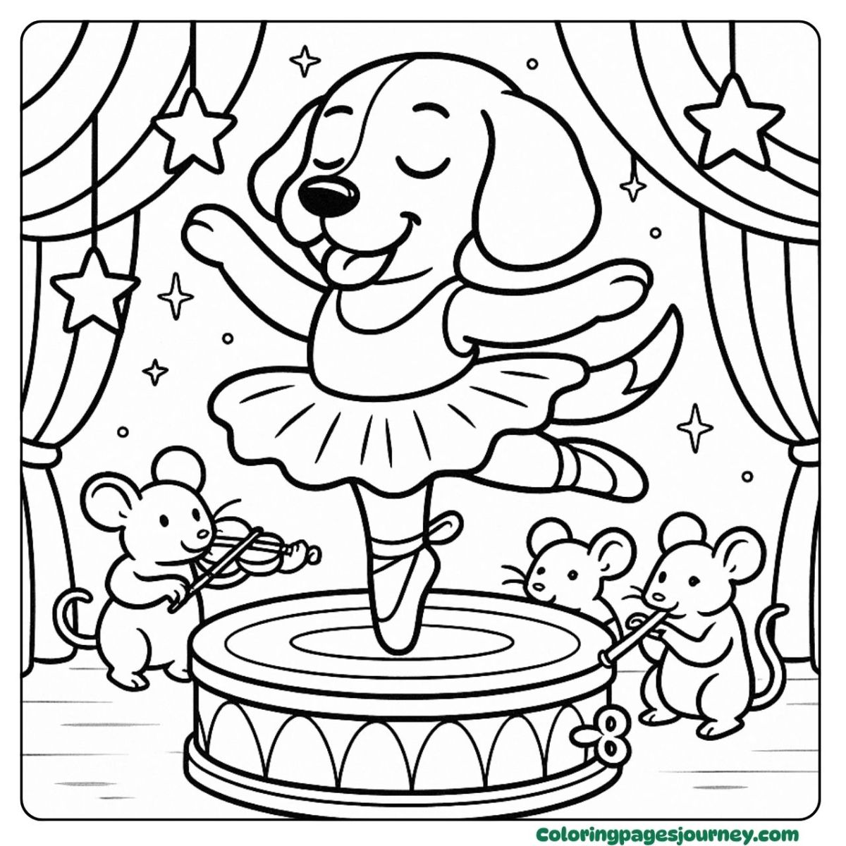 A Beagle coloring page with ballerina and mice orchestra