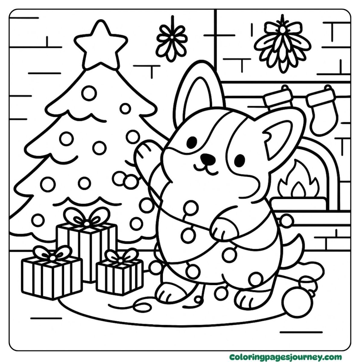 A Christmas Corgi coloring page decorating the Christmas tree A Christmas Corgi coloring page with a pup hanging lights and gifts