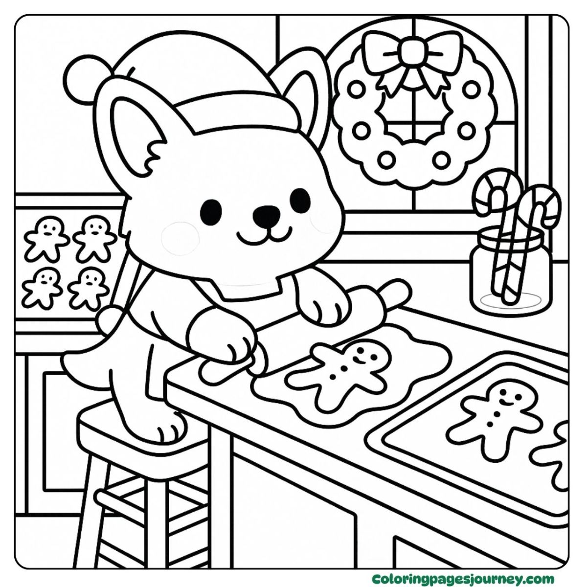 A Christmas Corgi coloring page making gingerbread cookies A Christmas Corgi coloring page of a pup baking festive cookies
