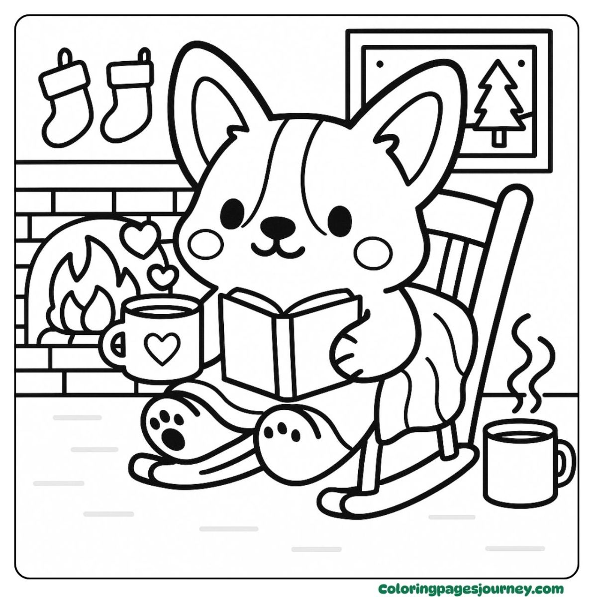 A Christmas Corgi coloring page relaxing by the cozy fireplace A Christmas Corgi coloring page with a cute pup reading by the fire