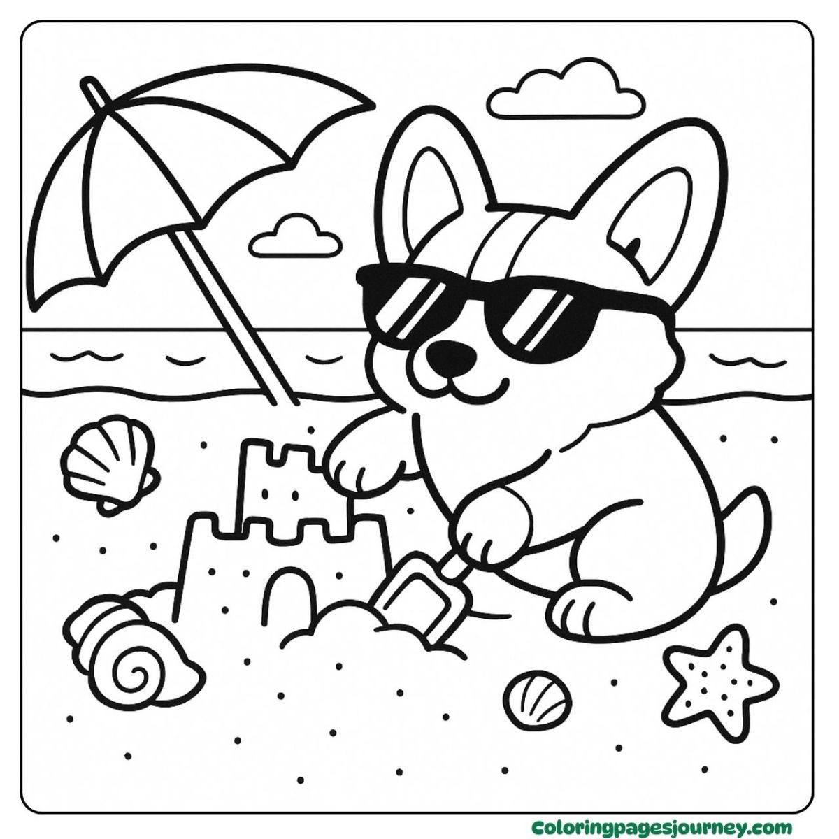 A Corgi coloring page of building a sandcastle by the sea A Corgi coloring page showing beach fun with sand and shells