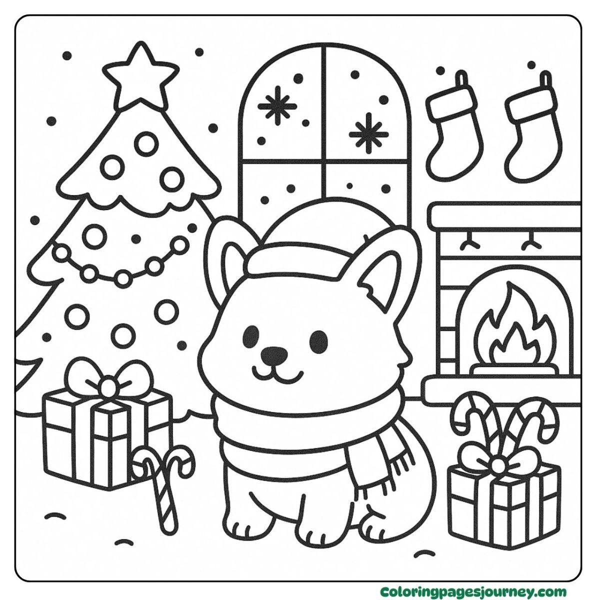 A Corgi coloring page of celebrating Christmas by the fire A Corgi coloring page with gifts, tree, and holiday joy