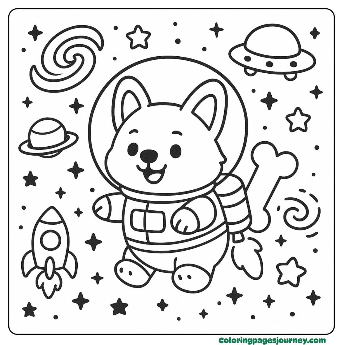 A Corgi coloring page of floating in space with a jetpack A Corgi coloring page featuring an astronaut pup in space