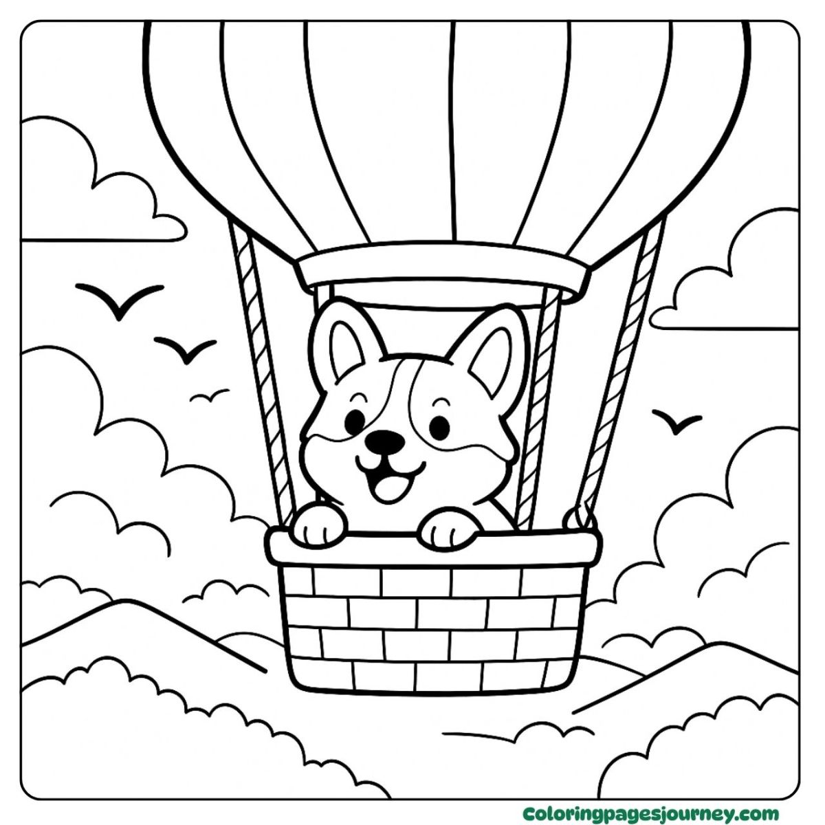 A Corgi coloring page of flying in a hot air balloon A Corgi coloring page showing a pup in a floating balloon