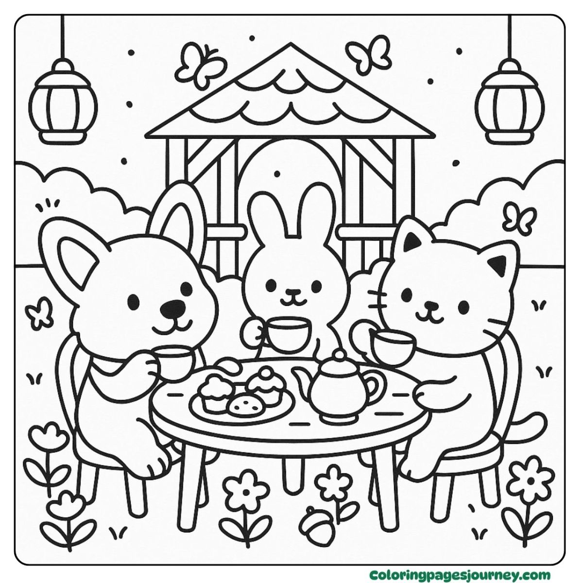 A Corgi coloring page of having a garden tea party with friends A Corgi coloring page with bunny and cat enjoying teatime