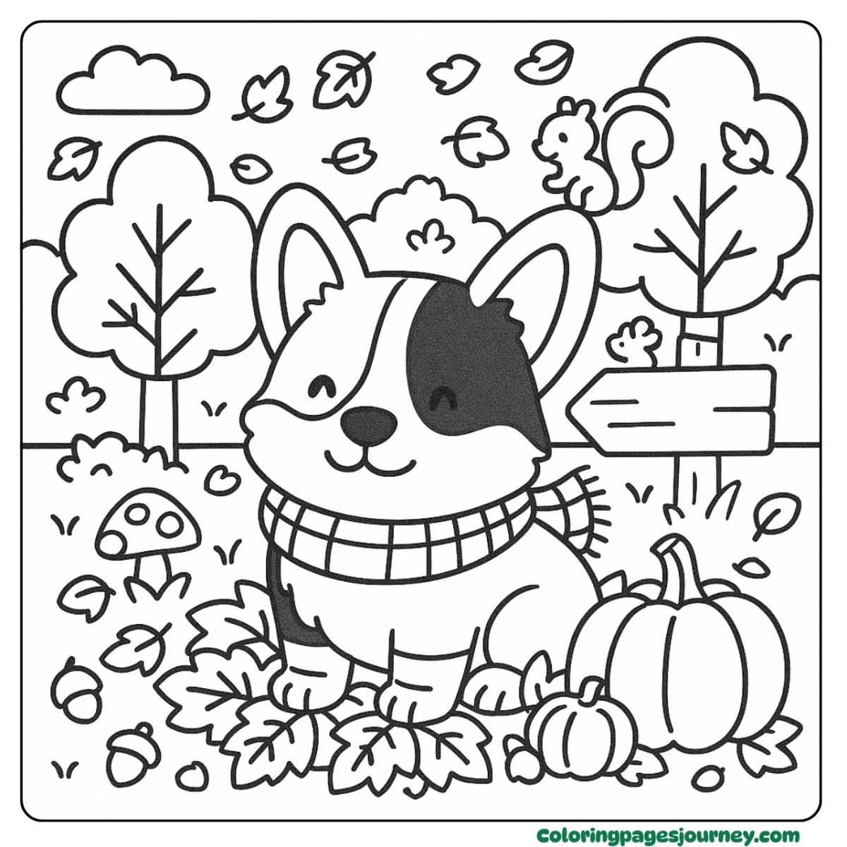 A Corgi coloring page of playing in autumn leaves and wind A Corgi coloring page featuring a pup with leaves and pumpkins