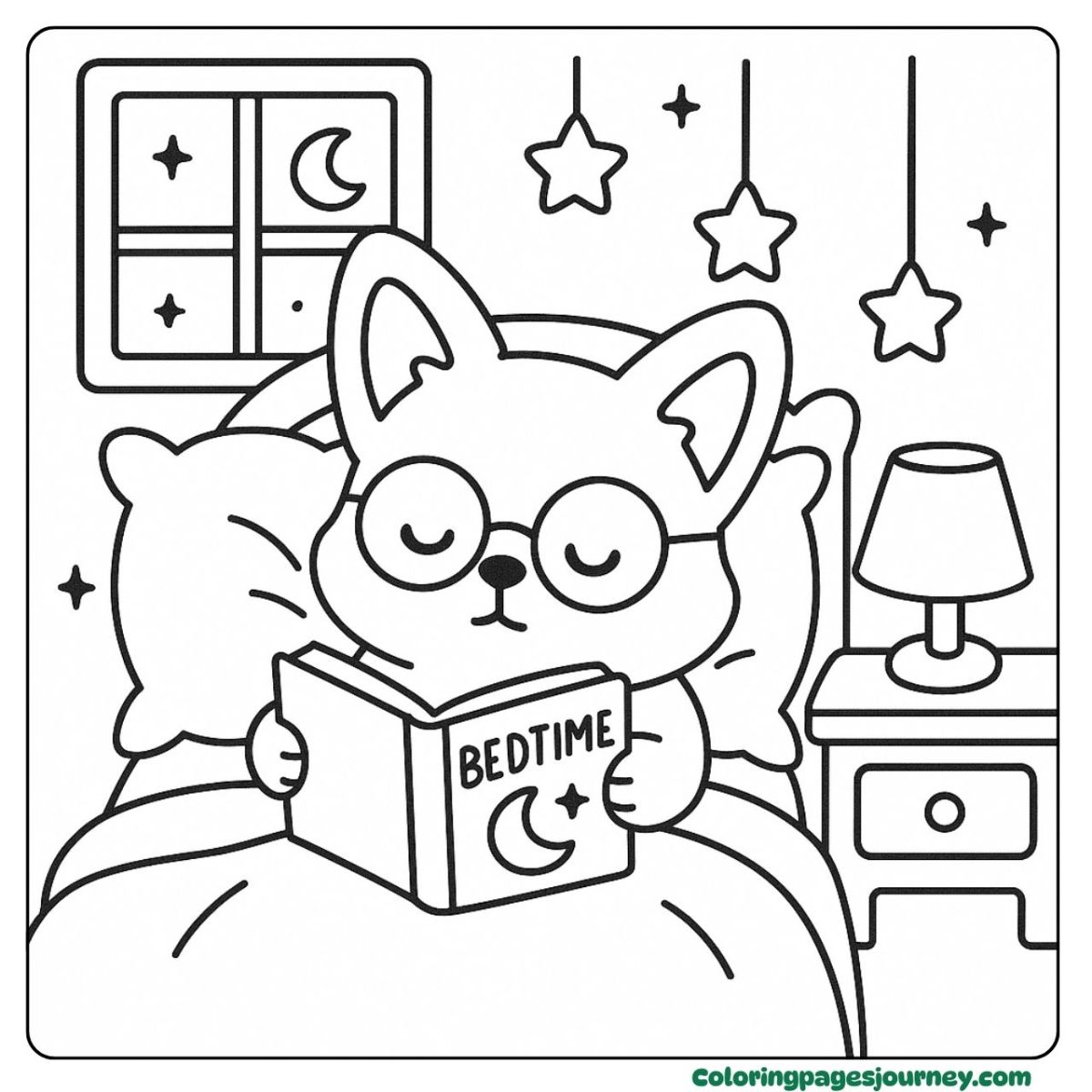A Corgi coloring page of reading a bedtime story in bed A Corgi coloring page featuring a pup reading before sleep