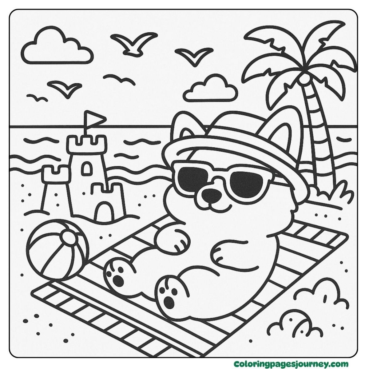 A Corgi coloring page of relaxing under the sun at the beach A Corgi coloring page with a pup lounging by the ocean