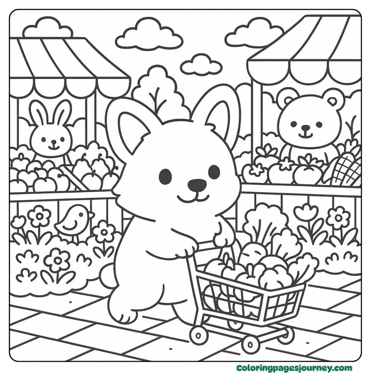 A Corgi coloring page of shopping for veggies at the market A Corgi coloring page showing a pup with a veggie cart