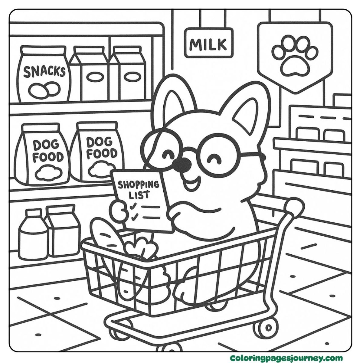 A Corgi coloring page of shopping with a list at the store A Corgi coloring page showing a pup in a cart with a shopping list