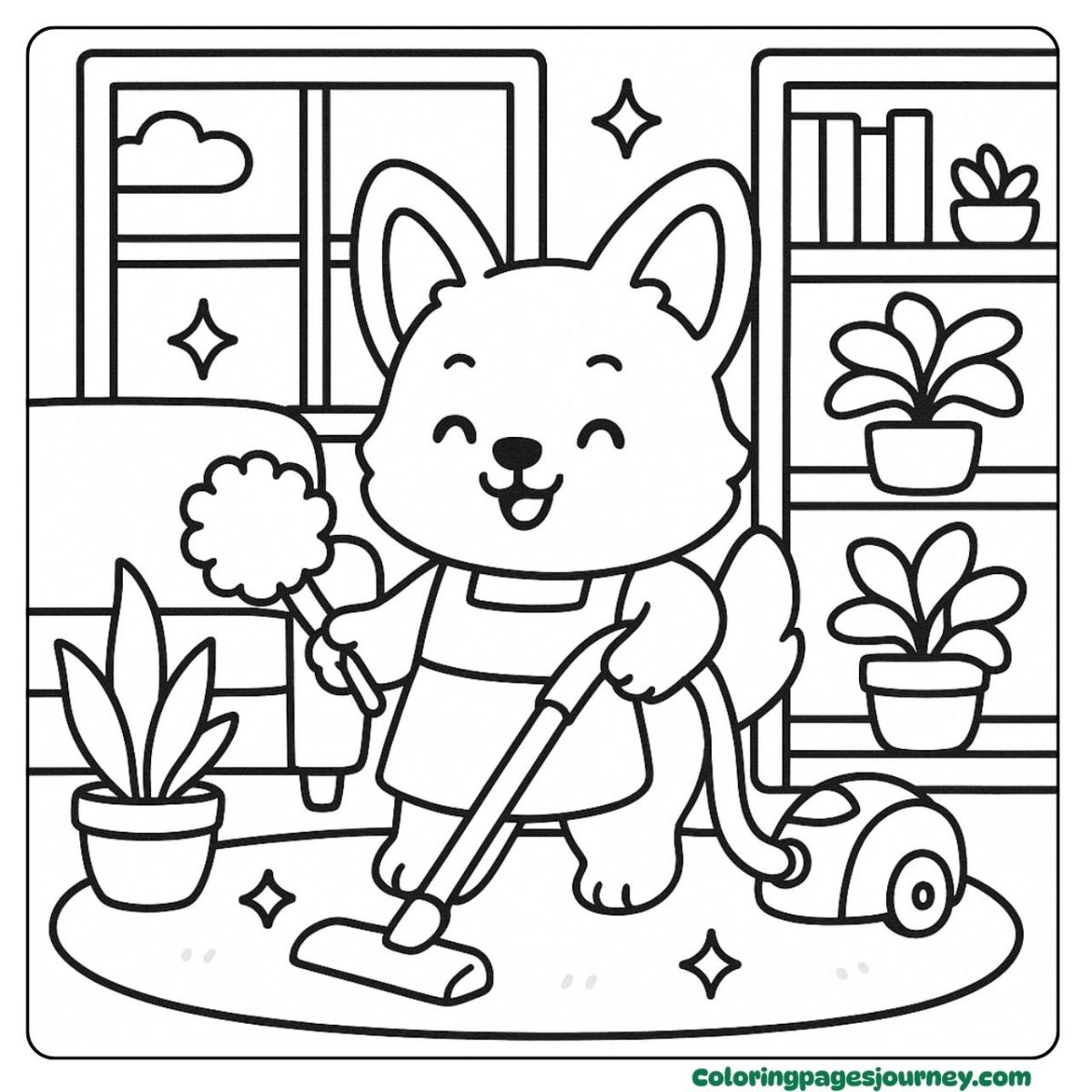A Corgi coloring page of vacuuming and cleaning with joy A Corgi coloring page with a pup happily tidying the house