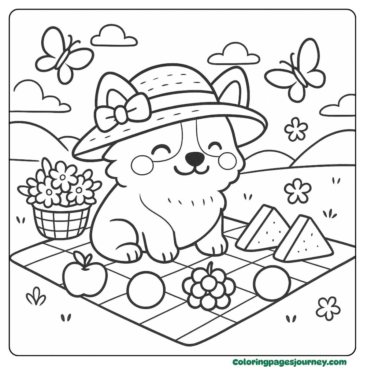 A cute Corgi coloring page of a lovely picnic in the field A cute Corgi coloring page with a hat and fruits for a picnic