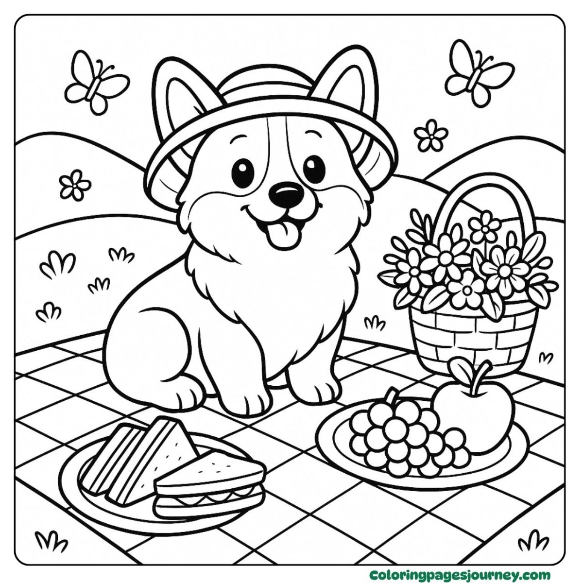 A cute Corgi coloring page of a sunny picnic in the hills A cute Corgi coloring page with picnic food and flowers