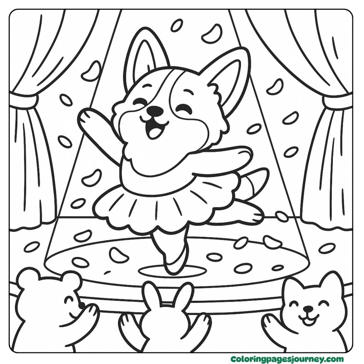 A cute Corgi coloring page of dancing on stage like a ballerina A cute Corgi coloring page featuring a pup in a ballet performance