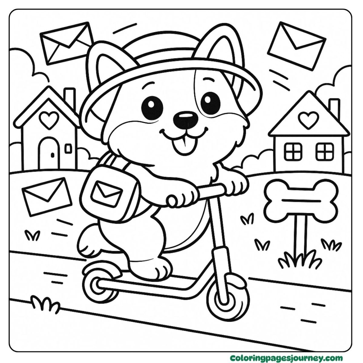 A cute Corgi coloring page of delivering mail on a scooter A cute Corgi coloring page with a mailbag and letters