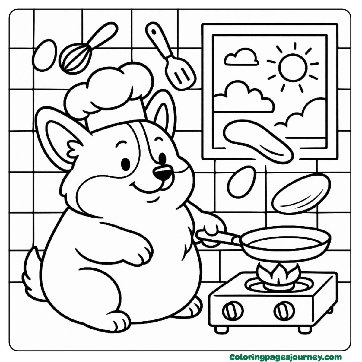 A cute Corgi coloring page of a dog chef flipping breakfast A cute Corgi coloring page of a Corgi flipping food in a pan