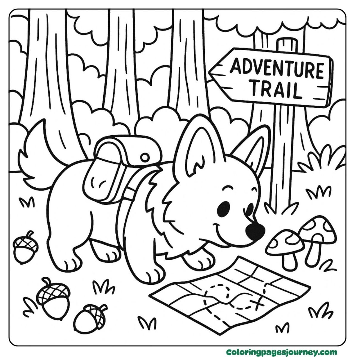 A cute Corgi coloring page of exploring the forest with a map A cute Corgi coloring page with pup hiking on adventure trail