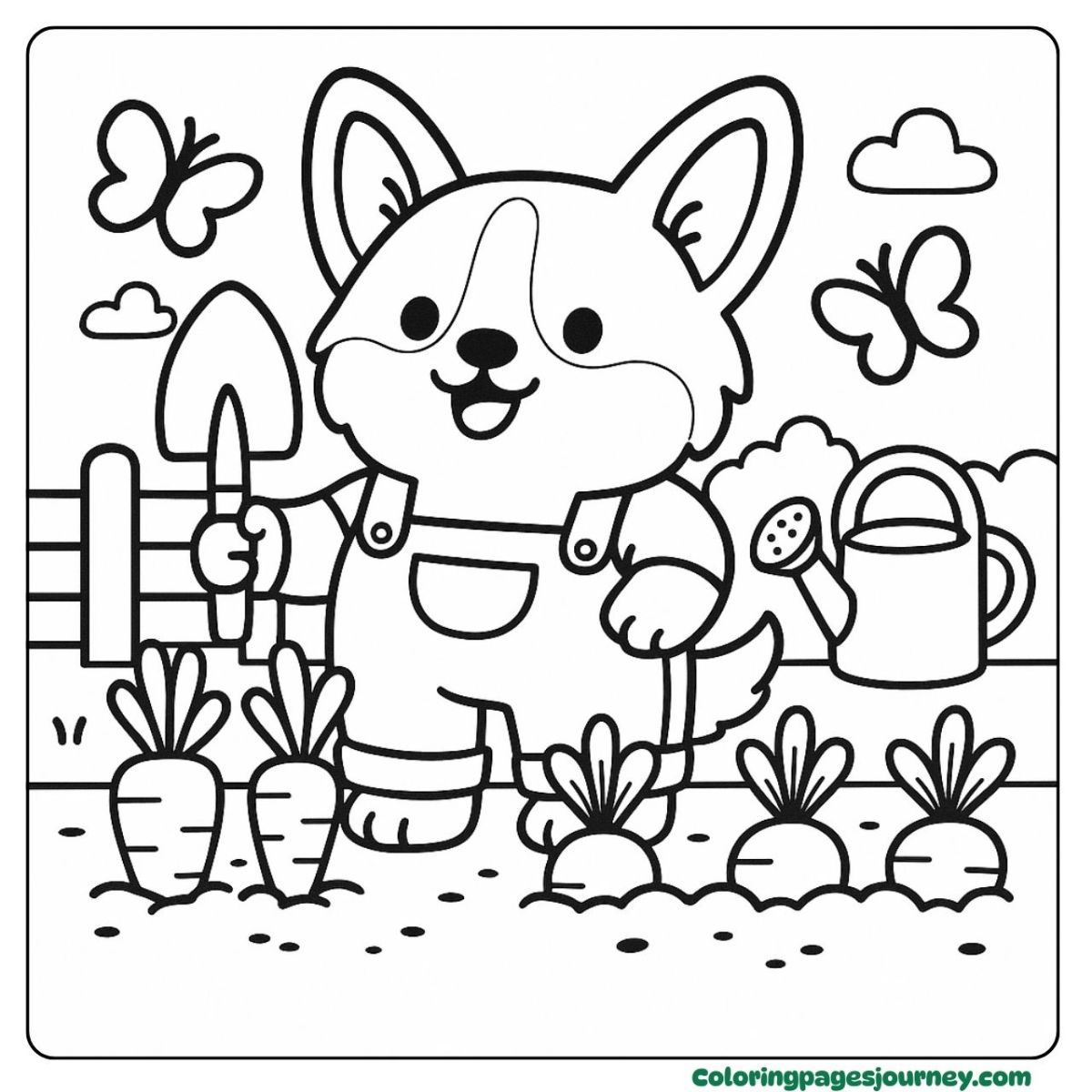 A cute Corgi coloring page of gardening and harvesting carrots A cute Corgi coloring page with pup planting in the garden