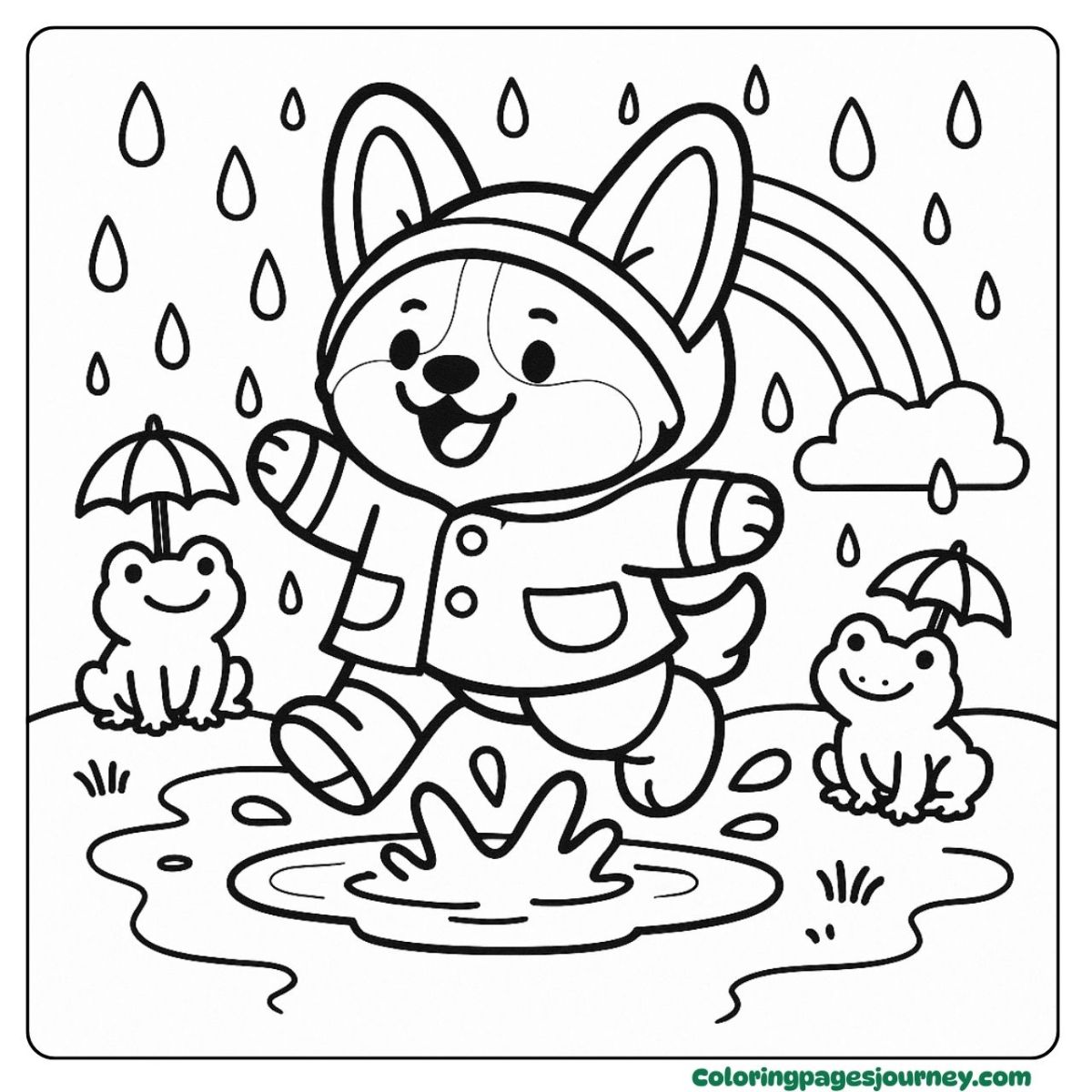 A cute Corgi coloring page of jumping in puddles with joy A cute Corgi coloring page of playing after a rain
