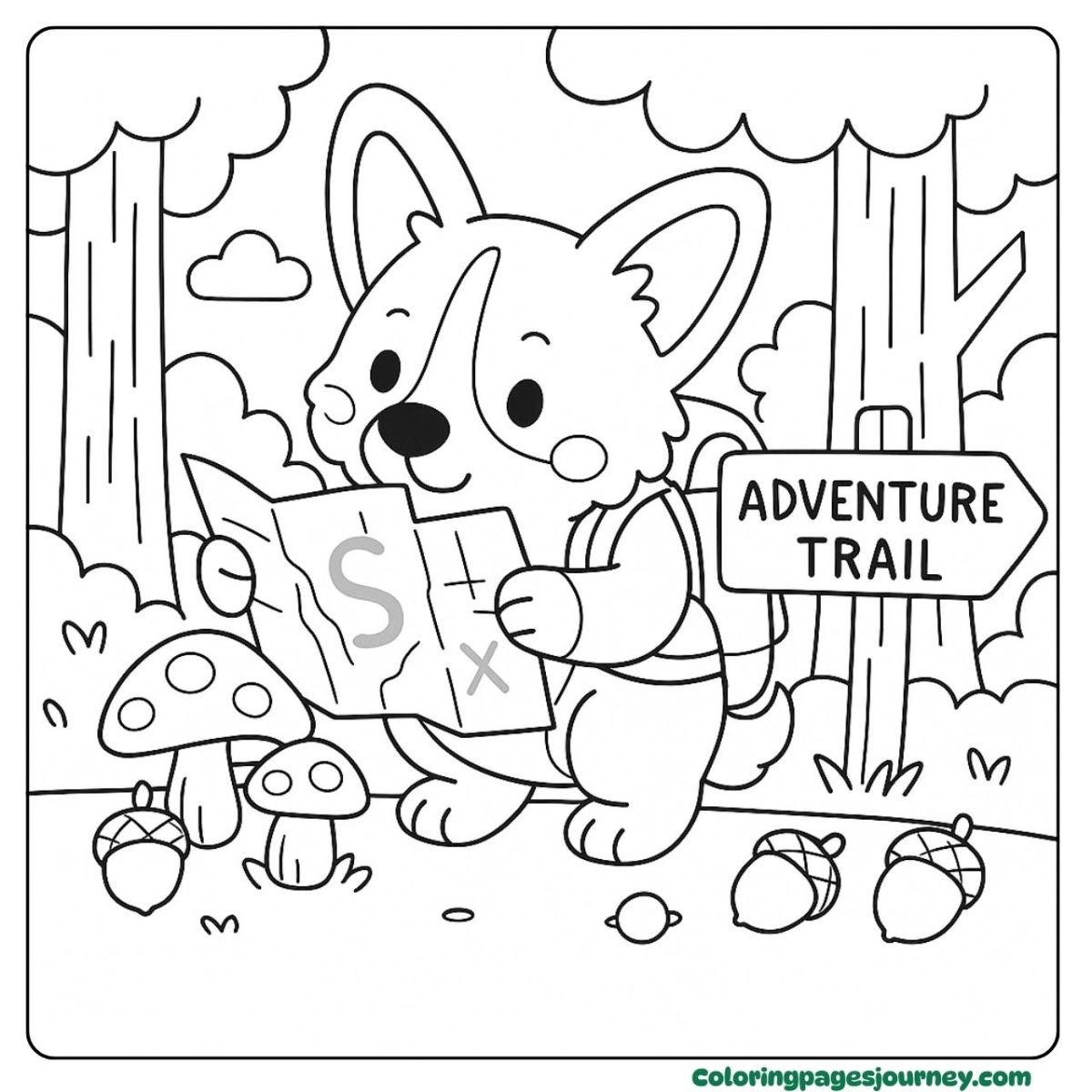 A cute Corgi coloring page of reading a treasure map A cute Corgi coloring page with Corgi holding a map
