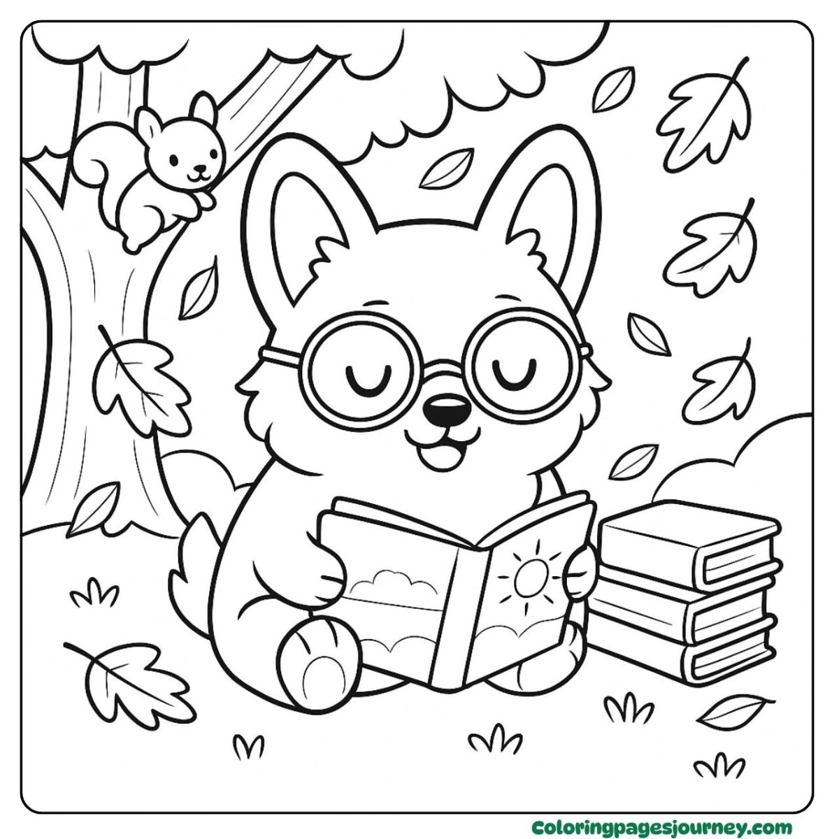 A cute Corgi coloring page of reading under the tree A cute Corgi coloring page featuring a dog reading with glasses