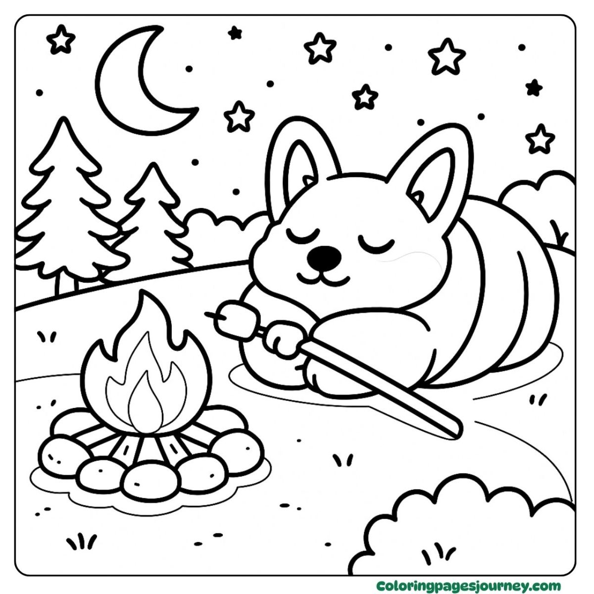 A cute Corgi coloring page of relaxing by the campfire at night A cute Corgi coloring page showing campfire and marshmallow fun