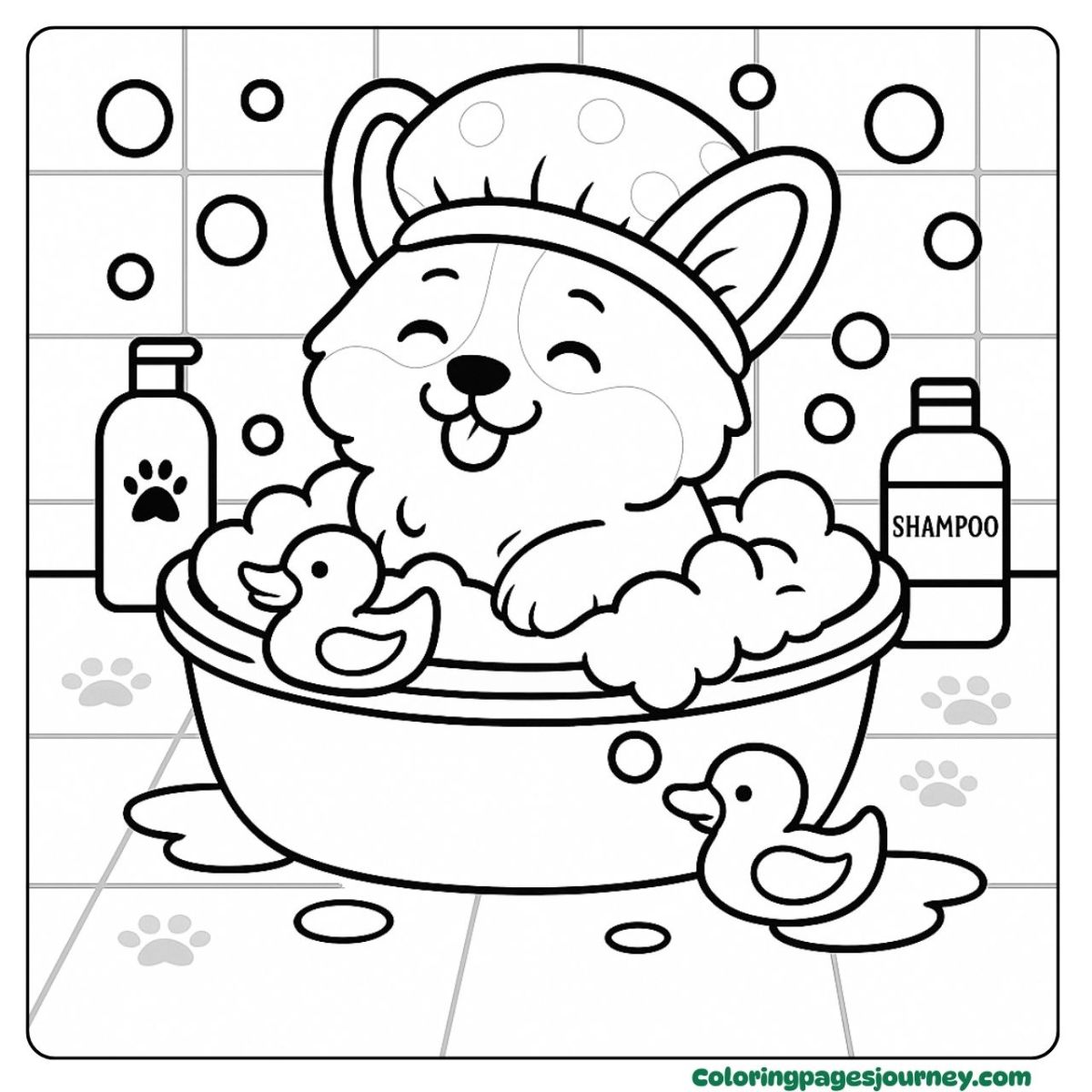 A cute Corgi coloring page of splashing in a bubble bath A cute Corgi coloring page with bath toys and bubbles