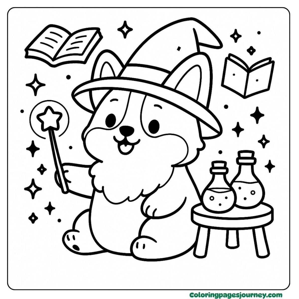 A cute Corgi coloring page with a magical wizard outfit A cute Corgi coloring page as a wizard with potions and a wand