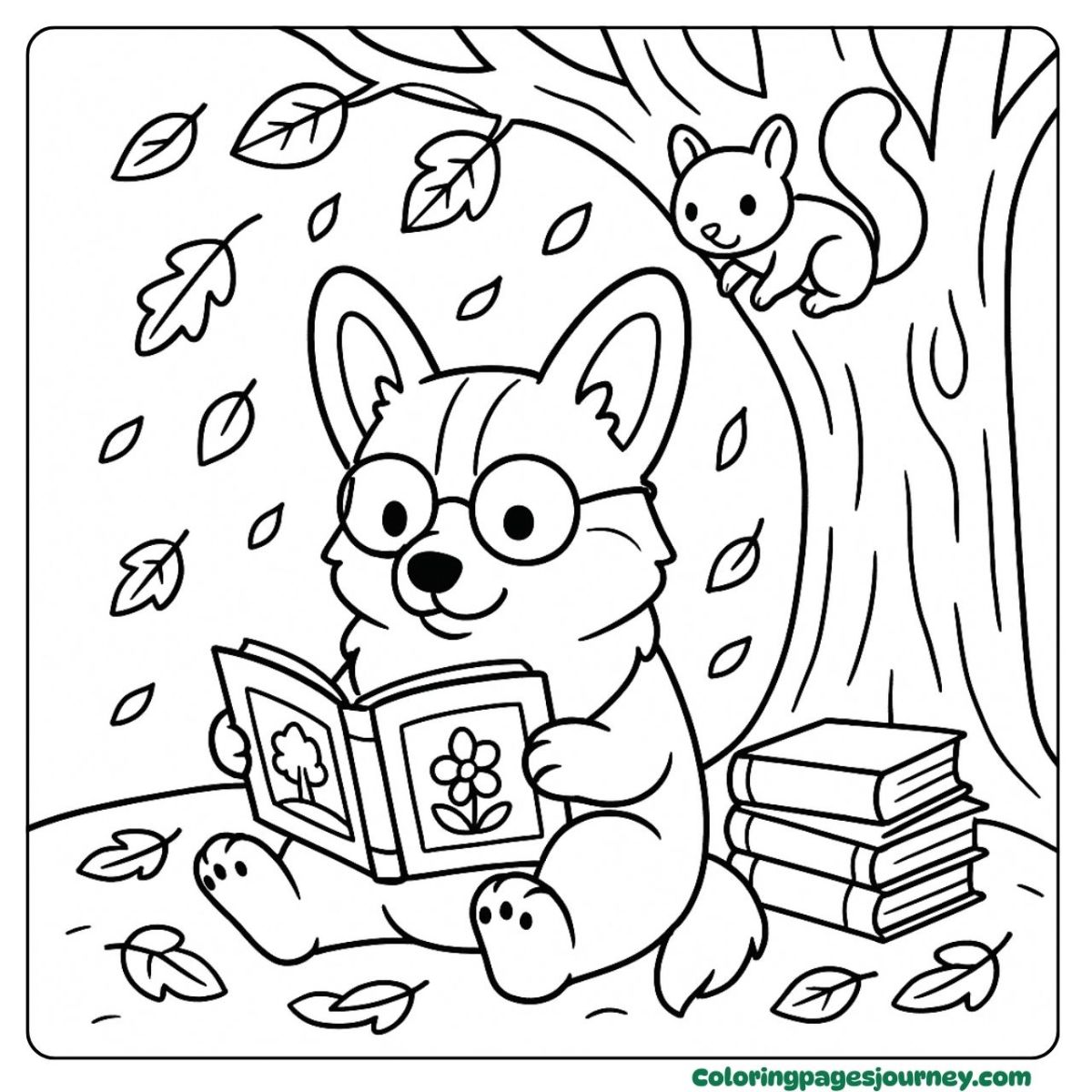 A cute Corgi coloring page with forest reading adventure A cute Corgi coloring page of puppy reading a book under tree