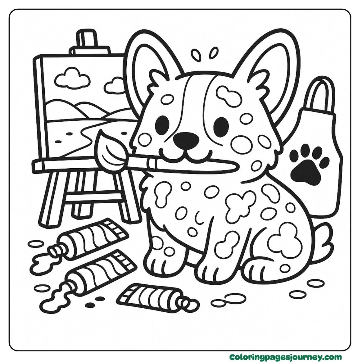 A cute Corgi coloring page with a fun painting scene A cute Corgi coloring page of dog painting with brush and canvas