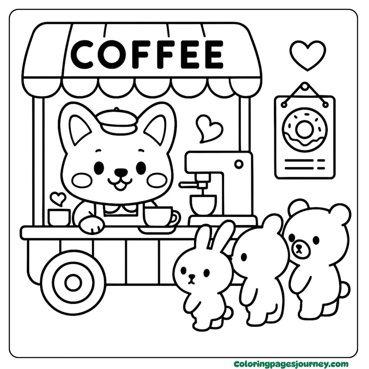 A Kawaii Corgi coloring page at a cozy coffee cart stand A Kawaii Corgi coloring page selling coffee to friends