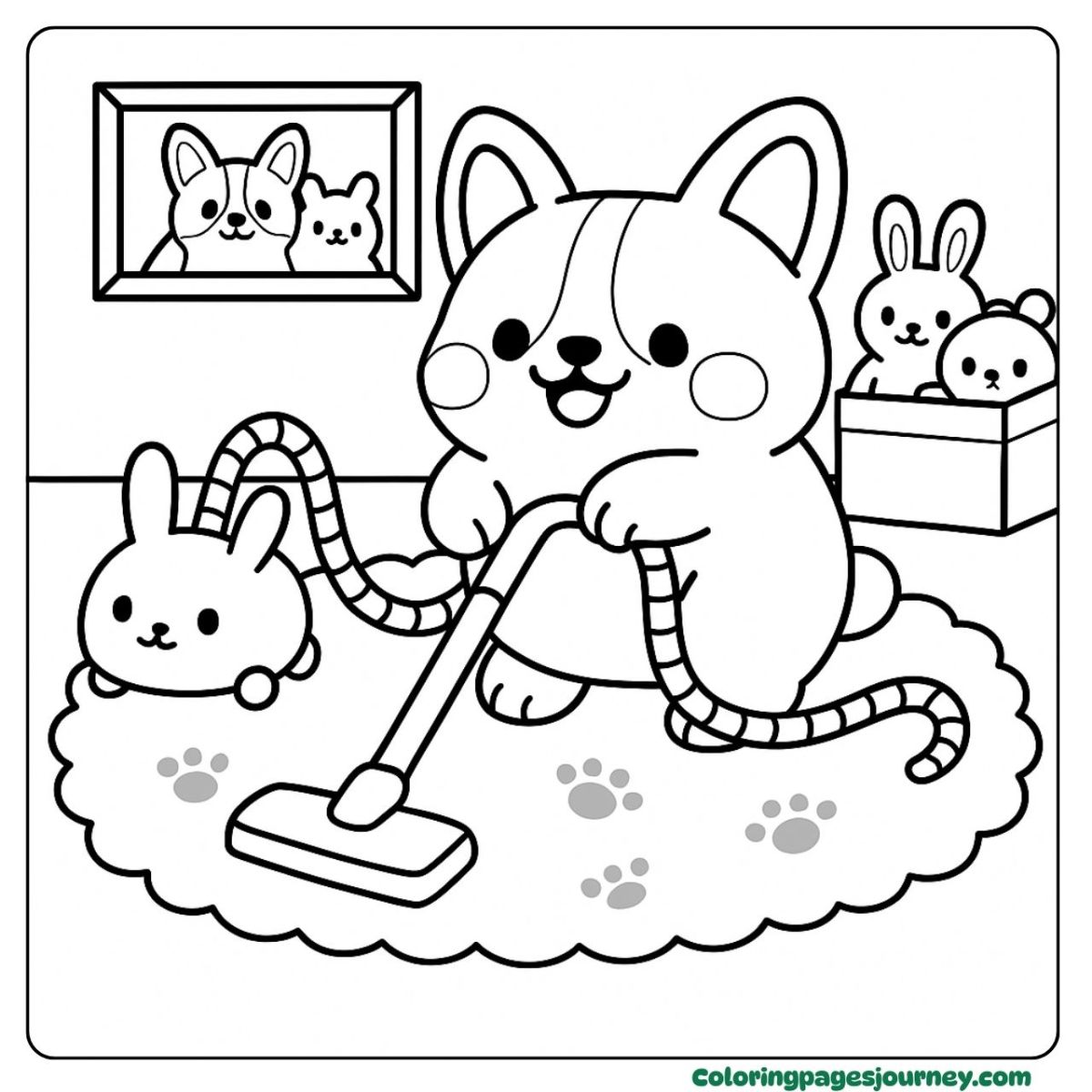 A Kawaii Corgi coloring page of cleaning time with bunnies A Kawaii Corgi coloring page featuring vacuum fun