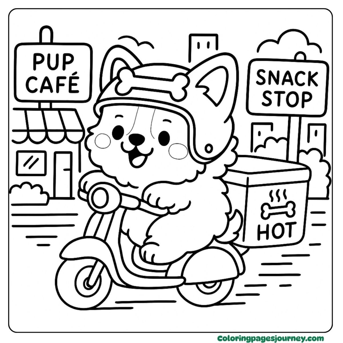 A Kawaii Corgi coloring page with a snack delivery ride A Kawaii Corgi coloring page of riding a delivery scooter