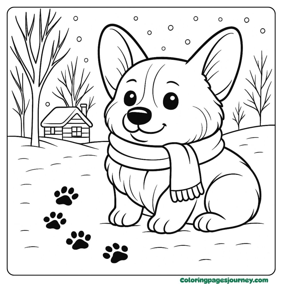 A realistic Corgi coloring page enjoying a chilly winter day A realistic Corgi coloring page wearing scarf in snow scene
