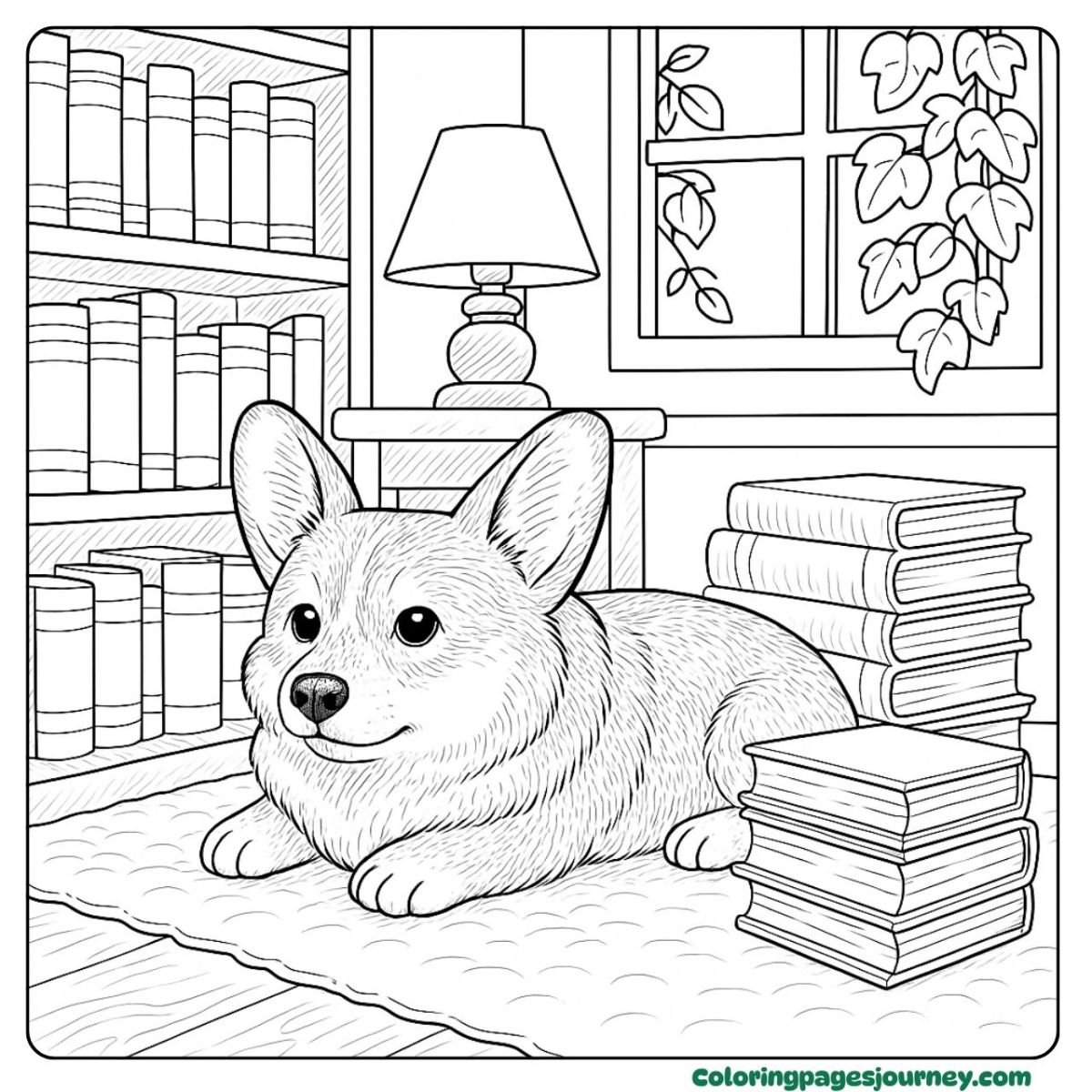 A realistic Corgi coloring page relaxing among stacks of books A realistic Corgi coloring page resting near books indoors