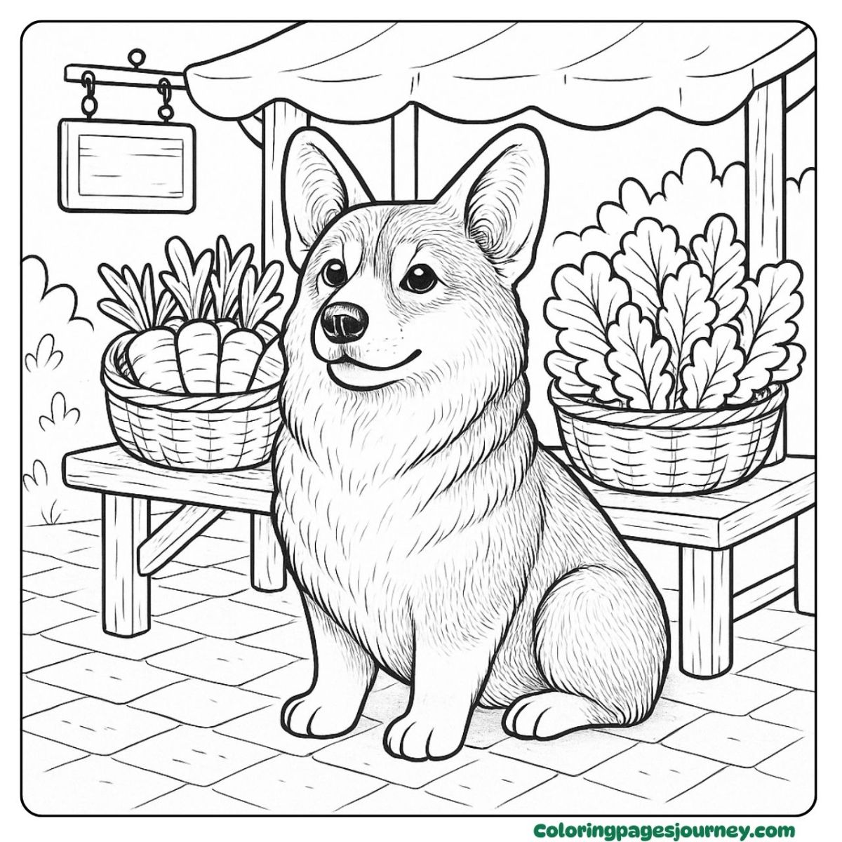 A realistic Corgi coloring page sitting near a vegetable stand A realistic Corgi coloring page at a vegetable market stall