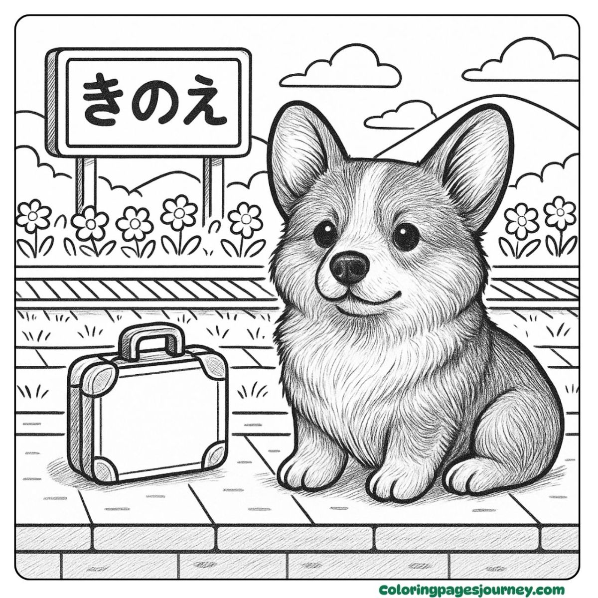 A realistic Corgi coloring page waiting at the train station A realistic Corgi coloring page sitting with suitcase outdoors
