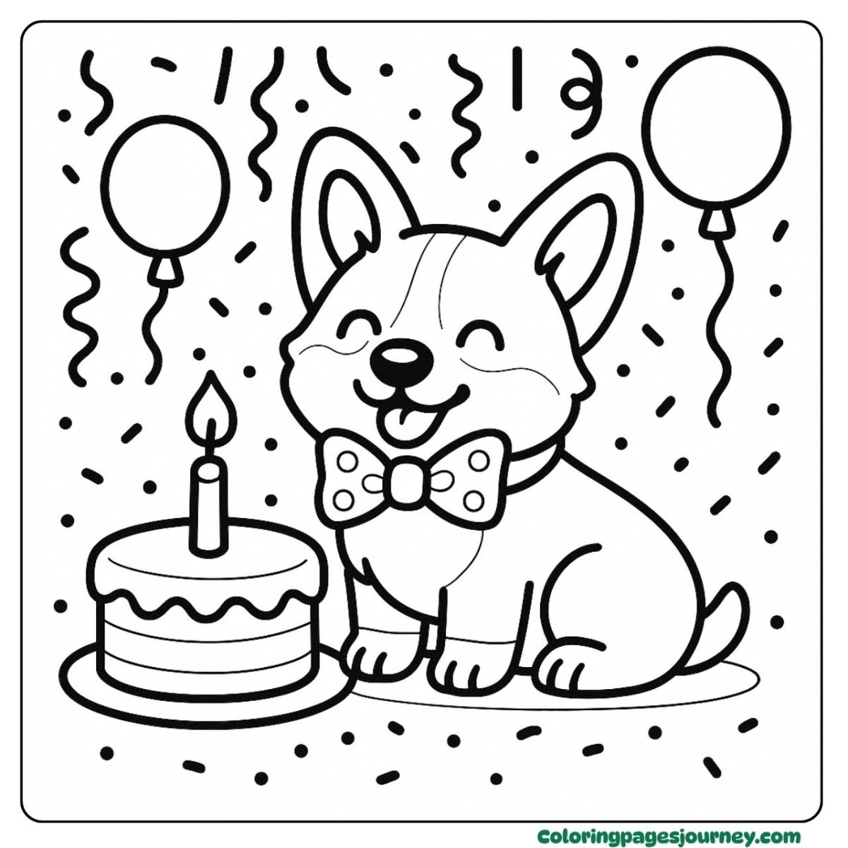 An easy Corgi coloring page of dog at a cheerful birthday party An easy Corgi coloring page with cake and balloons around