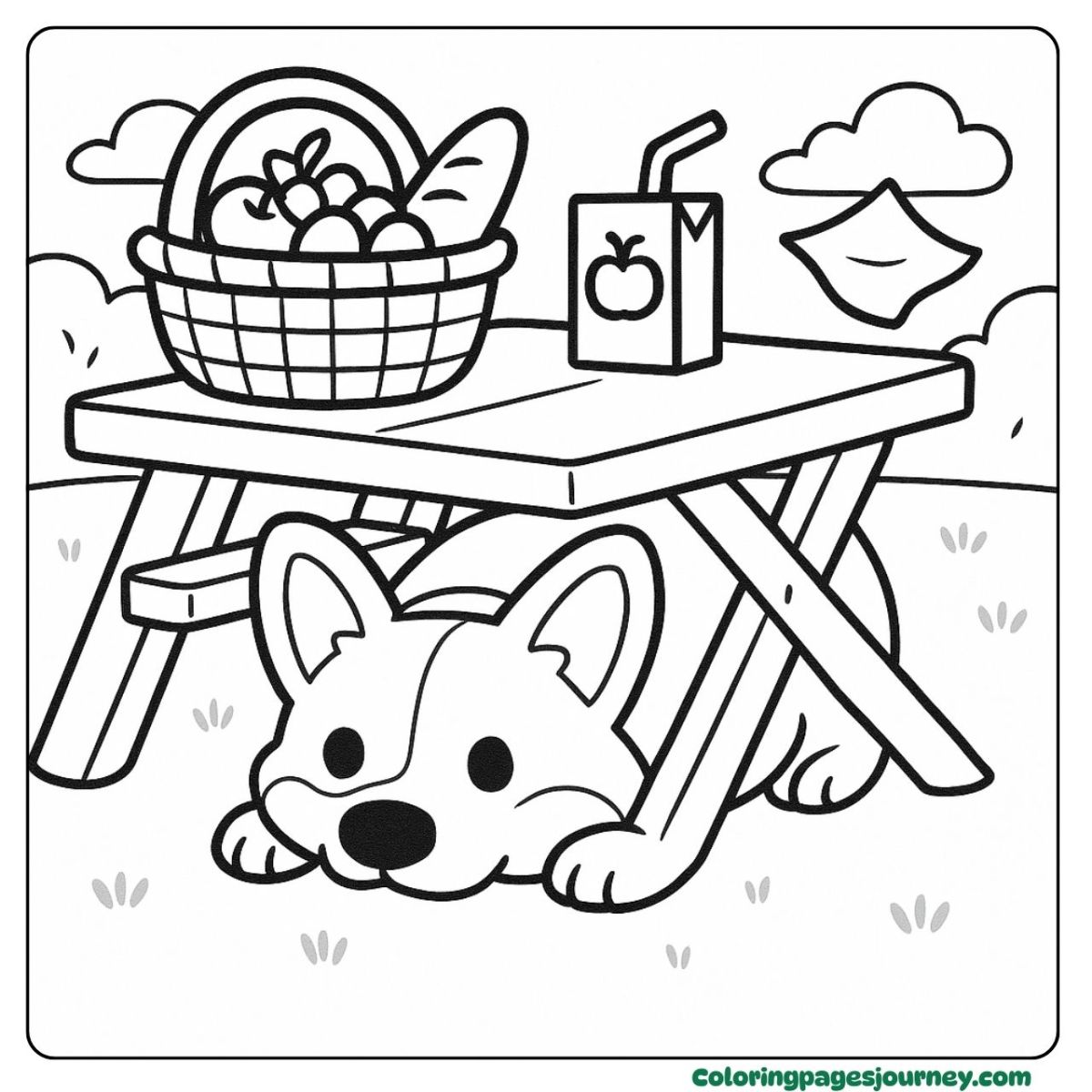 An easy Corgi coloring page of dog hiding under picnic table An easy Corgi coloring page with food basket and shy puppy