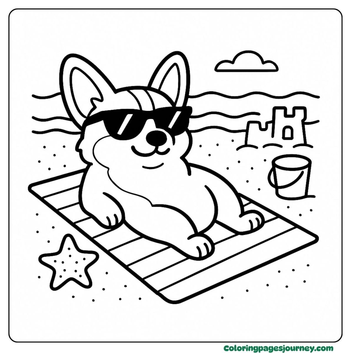 An easy Corgi coloring page of dog sunbathing on the beach An easy Corgi coloring page with sunglasses and a beach view