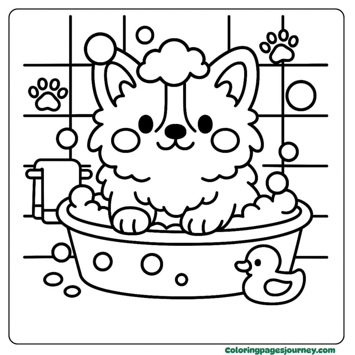 An easy Corgi coloring page with bath bubbles and duck toy An easy Corgi coloring page of fluffy puppy in bubbly tub