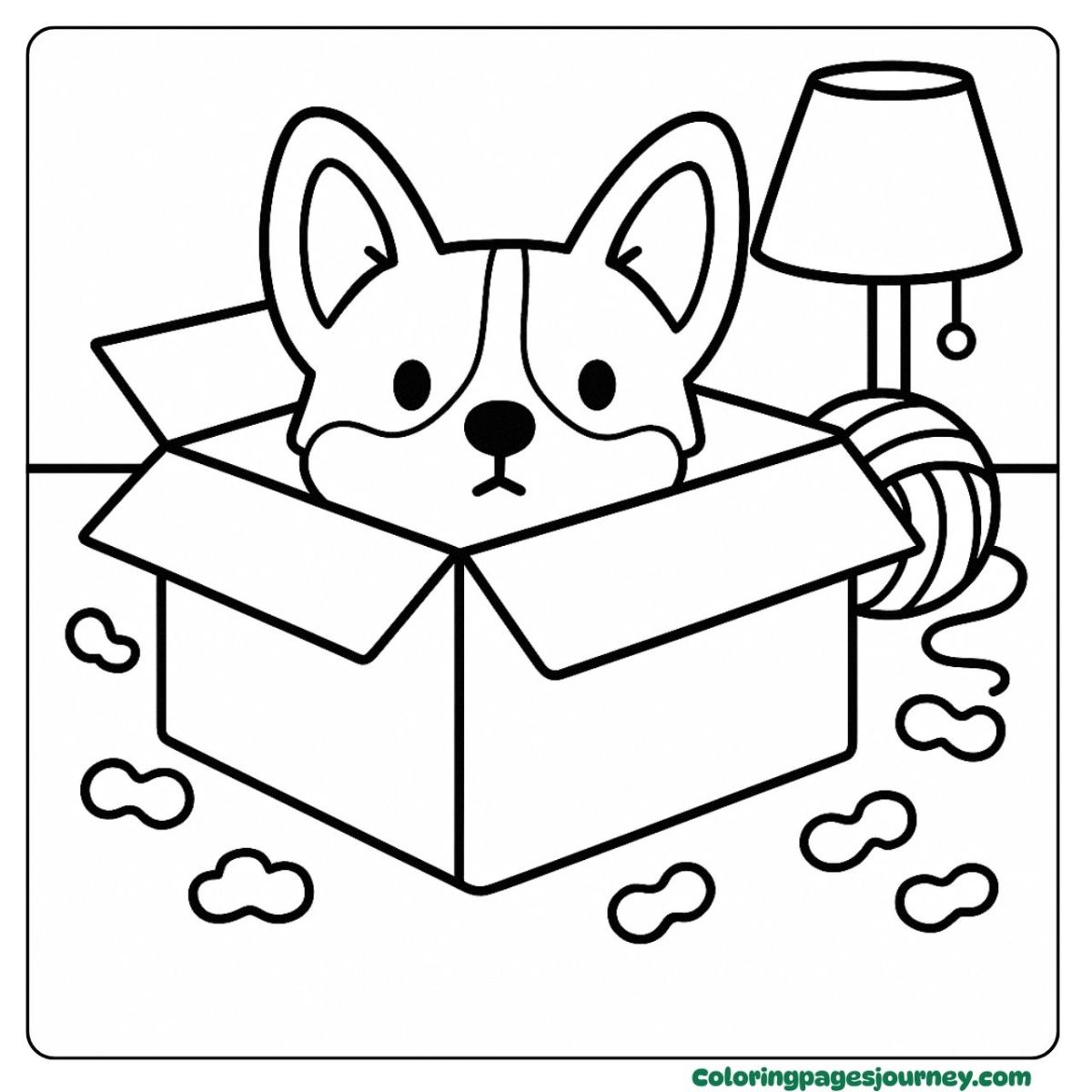An easy Corgi coloring page with dog hiding in a cardboard box An easy Corgi coloring page of curious dog in a big box