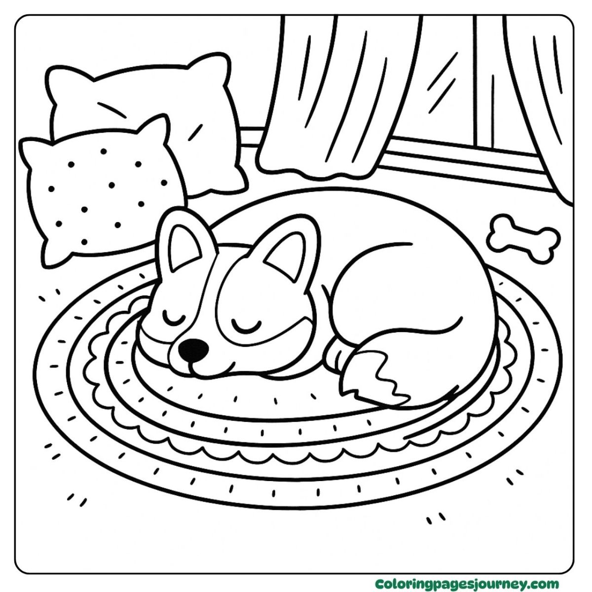 An easy Corgi coloring page with dog napping on a rug An easy Corgi coloring page of sleeping puppy in cozy room
