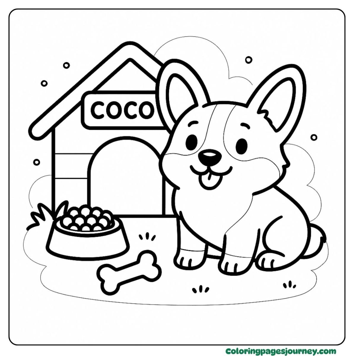 An easy Corgi coloring page with a dog outside its cozy home An easy Corgi coloring page of a happy puppy near a doghouse