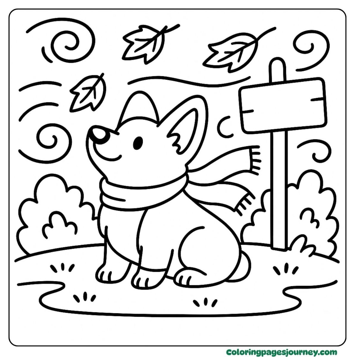 An easy Corgi coloring page with scarf in the windy park An easy Corgi coloring page showing dog in a breezy scene