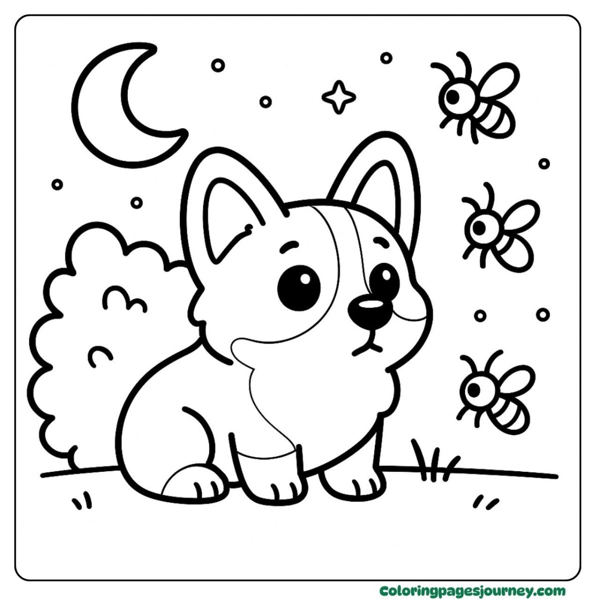 An easy Corgi coloring page with stars and buzzing fireflies An easy Corgi coloring page of dog watching glowing bugs